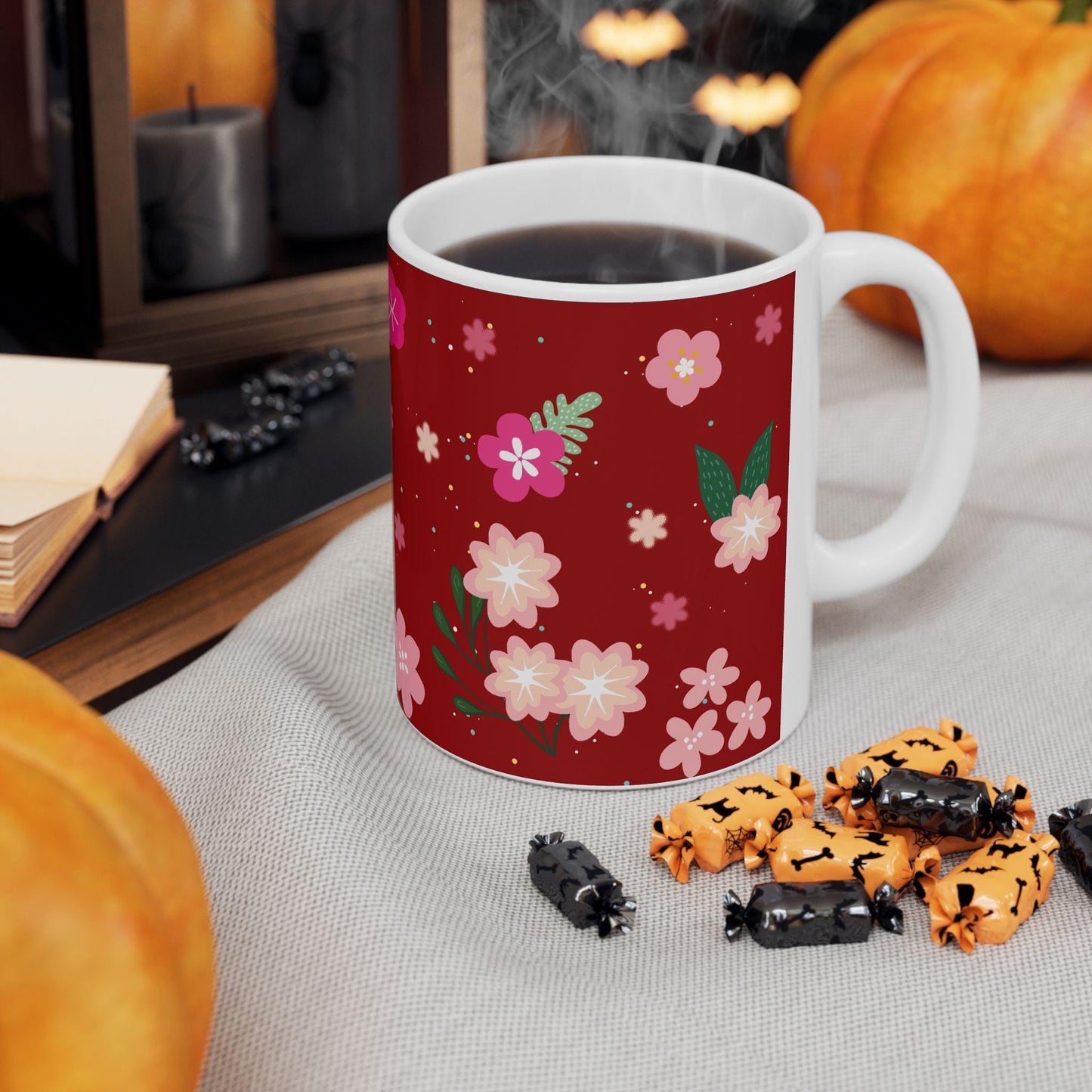 Floral Ceramic Coffee Mug | Crimson Red, Elegant Gift