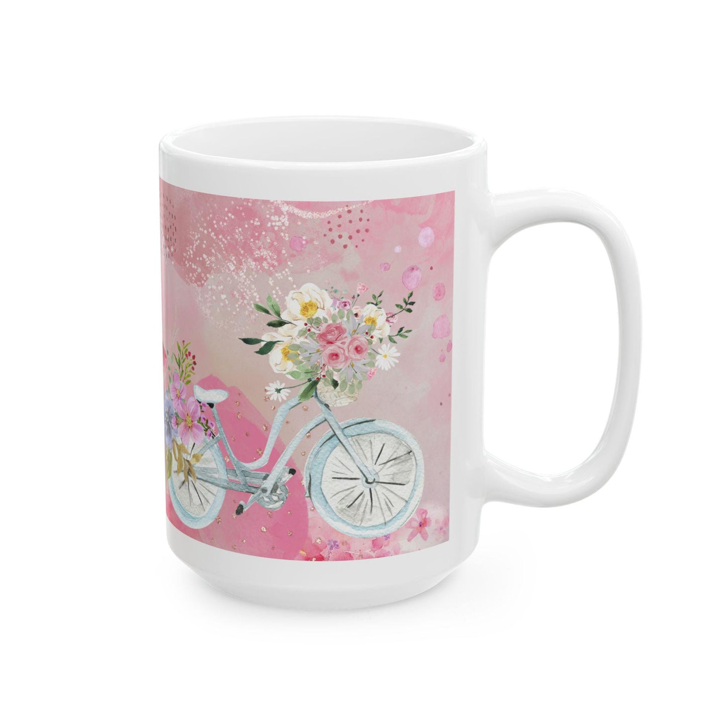 ColorFlow | Watercolor Floral Bicycle Mug | 15 oz Ceramic Coffee Cup | Pink Flower Art Mug | Gift for Her