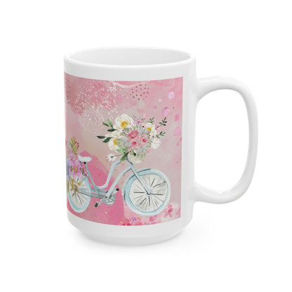 ColorFlow | Watercolor Floral Bicycle Mug | 15 oz Ceramic Coffee Cup | Pink Flower Art Mug | Gift for Her