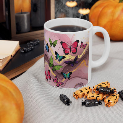 ColorFlow | Pink Marble Butterfly Mug | 15 oz Ceramic Coffee Cup | Elegant Gold Accent Mug | Gift for Her