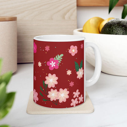 Floral Ceramic Coffee Mug | Crimson Red, Elegant Gift
