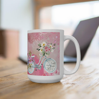 ColorFlow | Watercolor Floral Bicycle Mug | 15 oz Ceramic Coffee Cup | Pink Flower Art Mug | Gift for Her