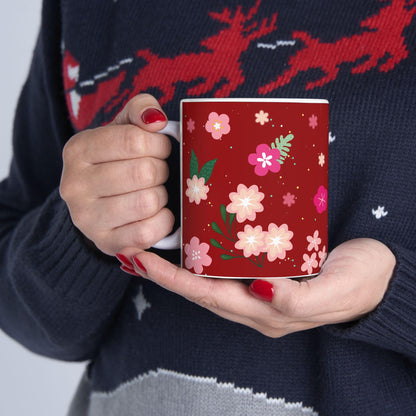 Floral Ceramic Coffee Mug | Crimson Red, Elegant Gift