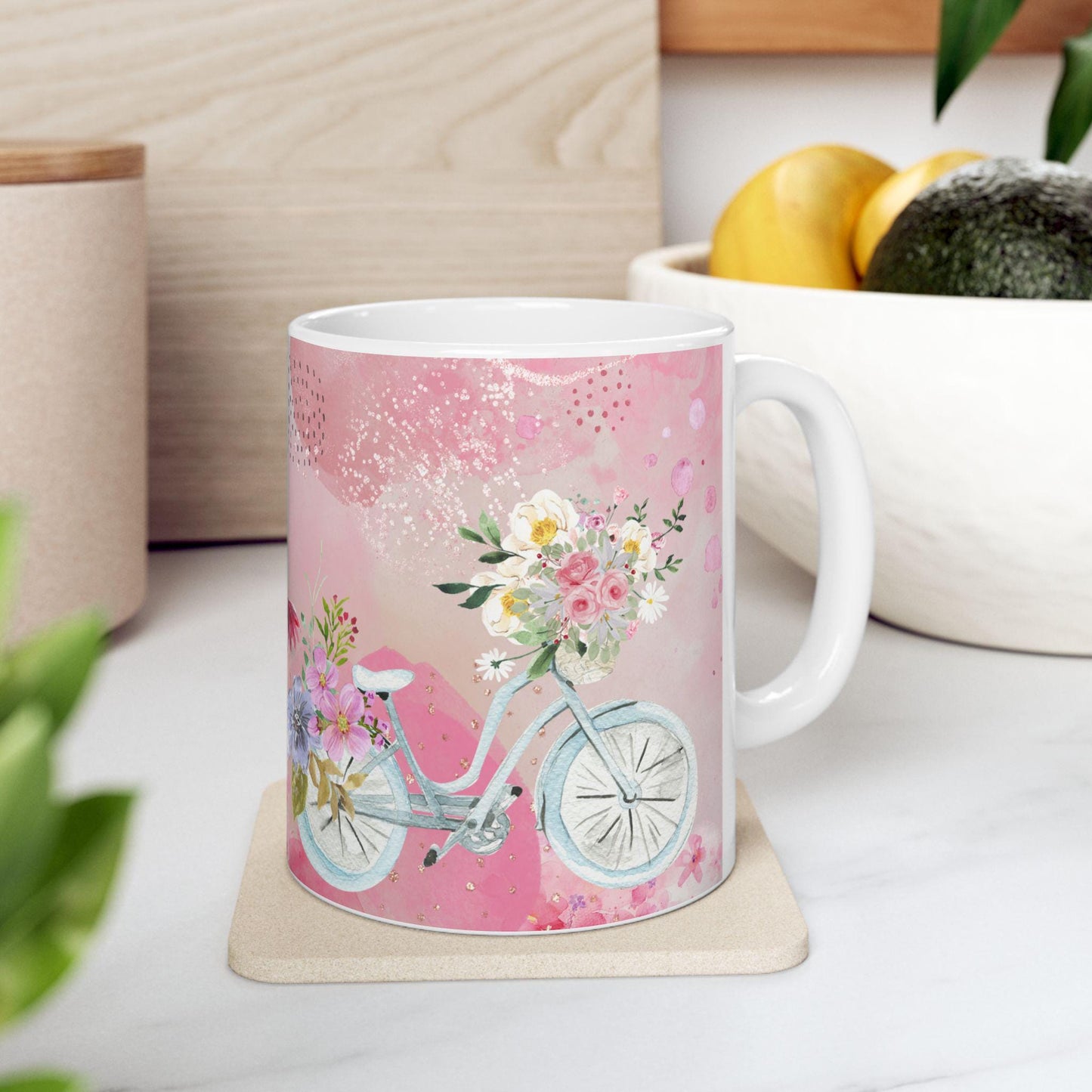 ColorFlow | Watercolor Floral Bicycle Mug | 15 oz Ceramic Coffee Cup | Pink Flower Art Mug | Gift for Her