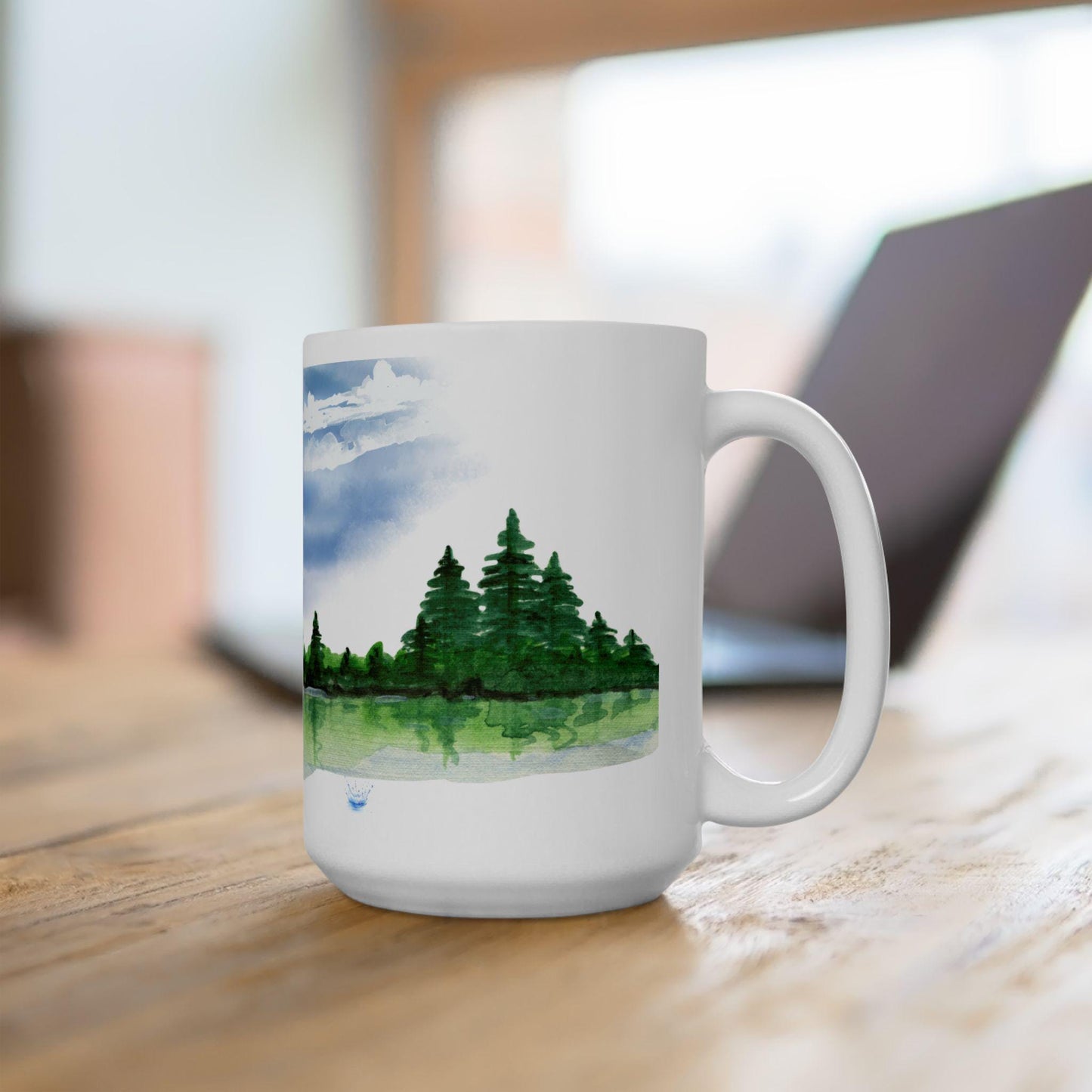ColorFlow | Rustic Cabin Lake Mug | 15 oz Ceramic Coffee Cup | Watercolor Nature Art Mug | Gift for Outdoor Lovers