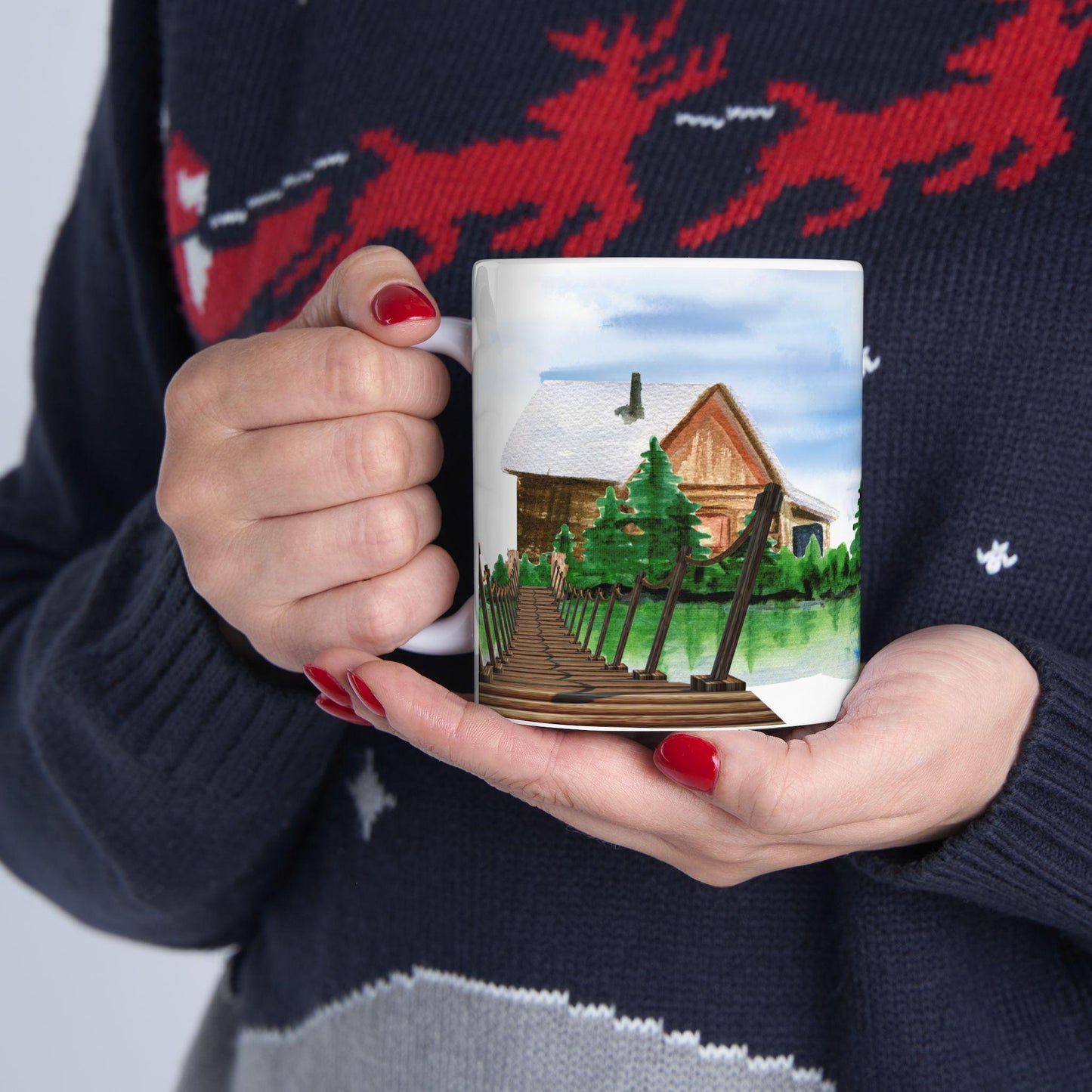 ColorFlow | Rustic Cabin Lake Mug | 15 oz Ceramic Coffee Cup | Watercolor Nature Art Mug | Gift for Outdoor Lovers