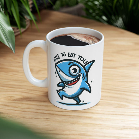 ColorFlow | Nice To Eat You Shark Mug | Funny Ocean Coffee Cup | 15oz Ceramic Mug | Gift for Shark Lovers & Ocean Fans