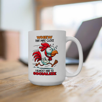 ColorFlow | Funny Rooster Coffee Mug | Whew Socialize Chicken Cup | 15oz Ceramic Mug | Gift for Introverts & Animal Lovers