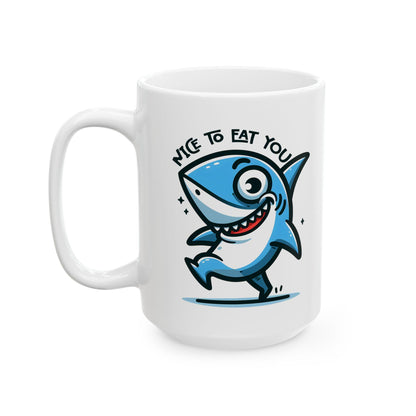 ColorFlow | Nice To Eat You Shark Mug | Funny Ocean Coffee Cup | 15oz Ceramic Mug | Gift for Shark Lovers & Ocean Fans