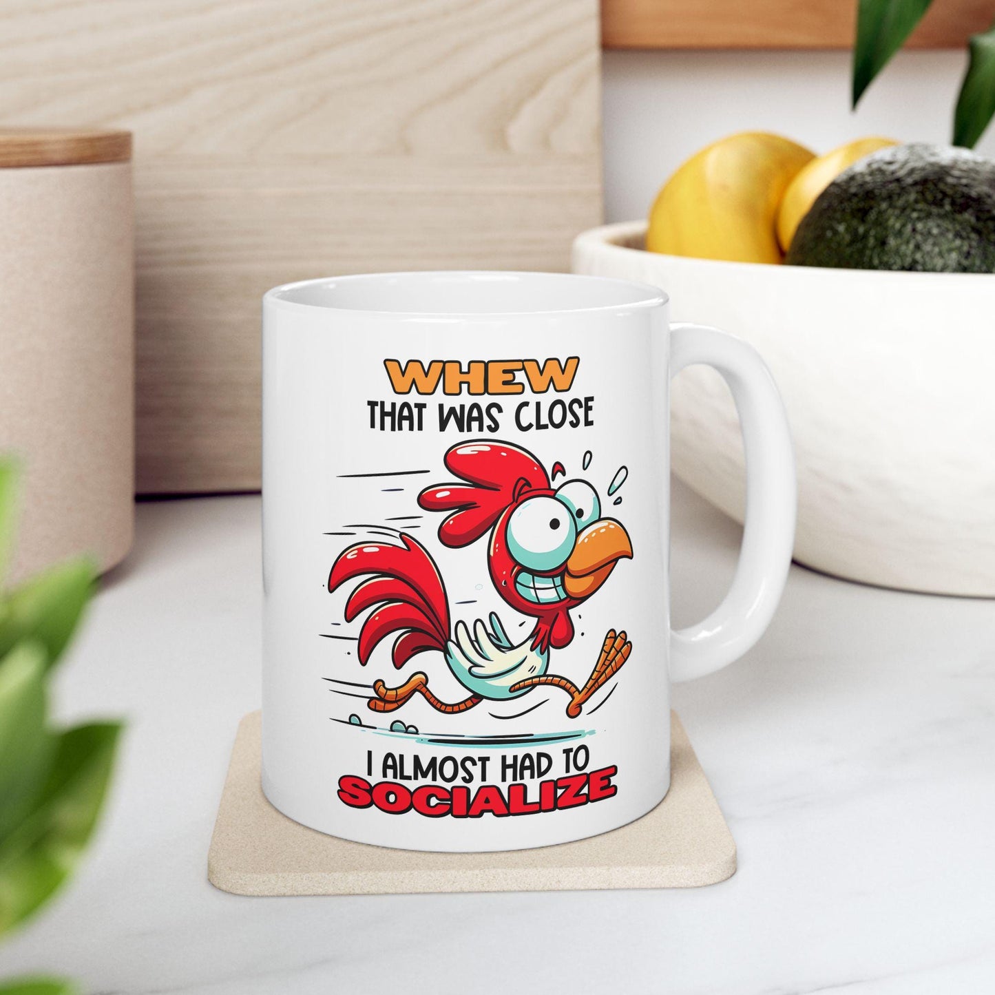 ColorFlow | Funny Rooster Coffee Mug | Whew Socialize Chicken Cup | 15oz Ceramic Mug | Gift for Introverts & Animal Lovers