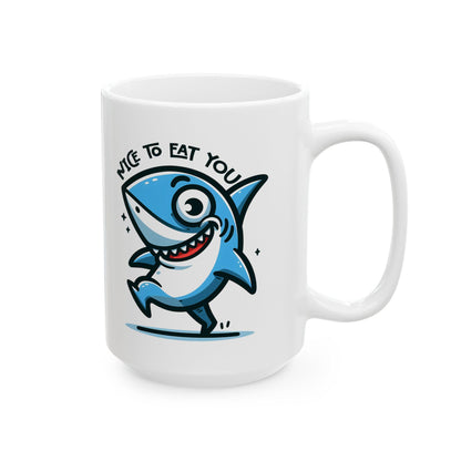ColorFlow | Nice To Eat You Shark Mug | Funny Ocean Coffee Cup | 15oz Ceramic Mug | Gift for Shark Lovers & Ocean Fans