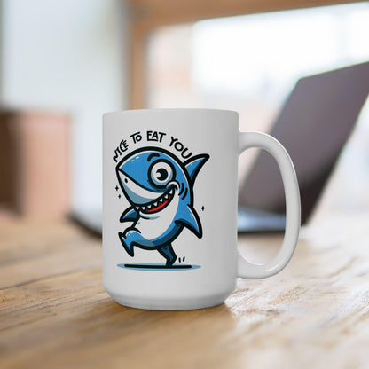 ColorFlow | Nice To Eat You Shark Mug | Funny Ocean Coffee Cup | 15oz Ceramic Mug | Gift for Shark Lovers & Ocean Fans