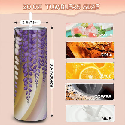 ColorFlow | Purple Wisteria Floral 20oz Stainless Steel Tumbler with Straw | Aesthetic Hot & Cold Drink Cup Gift
