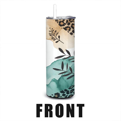 Teal Feather Leopard Print Tumbler | Boho Stainless Steel Cup