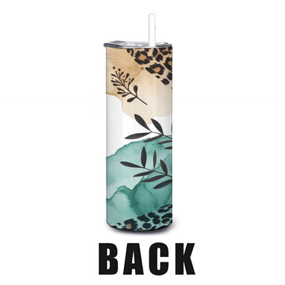 Teal Feather Leopard Print Tumbler | Boho Stainless Steel Cup