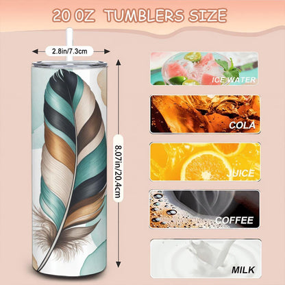 Teal Feather Leopard Print Tumbler | Boho Stainless Steel Cup