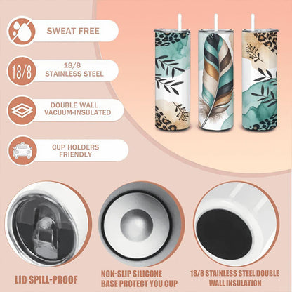 Teal Feather Leopard Print Tumbler | Boho Stainless Steel Cup