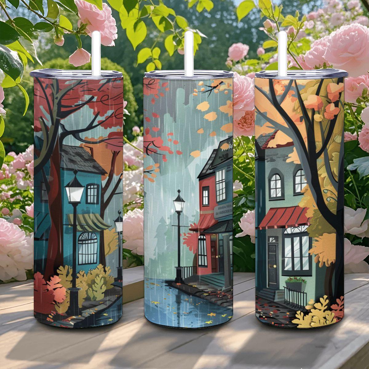 Rainy Autumn Street Tumbler | 20oz Stainless Steel Coffee Cup