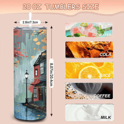 Rainy Autumn Street Tumbler | 20oz Stainless Steel Coffee Cup