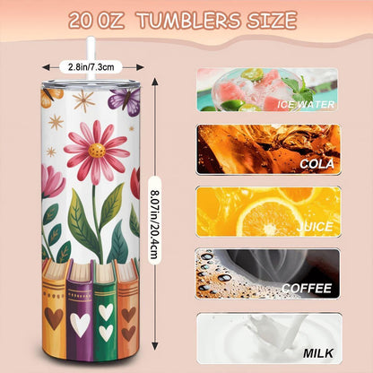 Book Lover Stainless Steel Tumbler | Butterfly Garden Floral Reading Cup