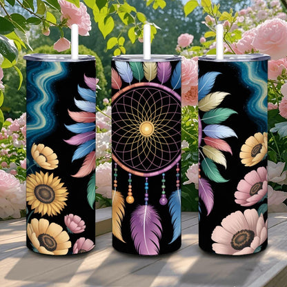 ColorFlow | Dreamcatcher Galaxy 20oz Stainless Steel Tumbler with Straw | Boho Sunflower Cup Gift