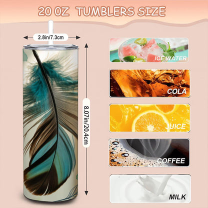 Aqua Feather Leopard Tumbler | Boho Chic Stainless Steel 20oz Cup