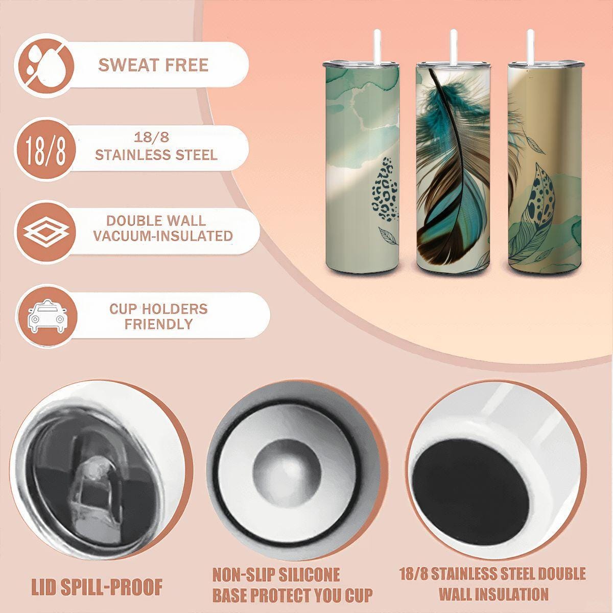 Aqua Feather Leopard Tumbler | Boho Chic Stainless Steel 20oz Cup