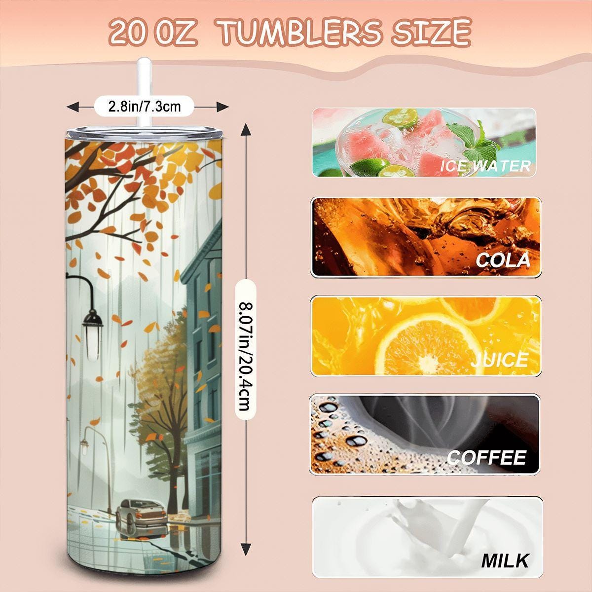 Rainy Autumn Cityscape Tumbler | 20oz Insulated Stainless Steel Cup
