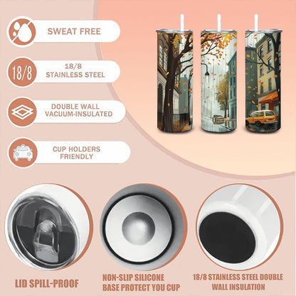Rainy Autumn Cityscape Tumbler | 20oz Insulated Stainless Steel Cup