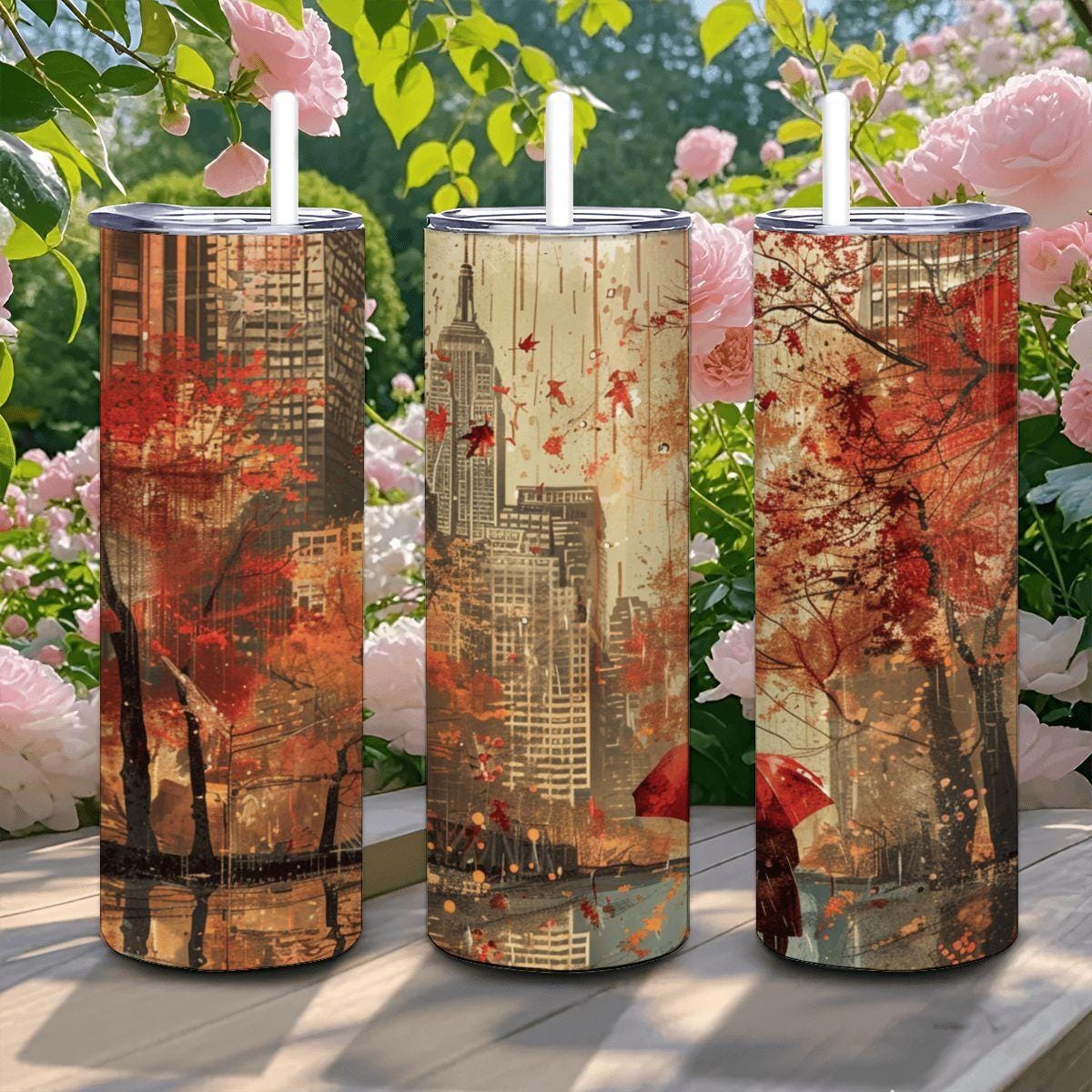 Autumn Cityscape Stainless Steel Tumbler | Red Umbrella Art
