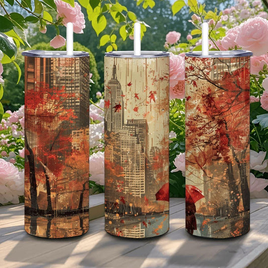 Autumn Cityscape Stainless Steel Tumbler | Red Umbrella Art