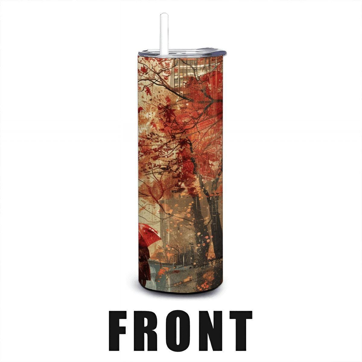 Autumn Cityscape Stainless Steel Tumbler | Red Umbrella Art