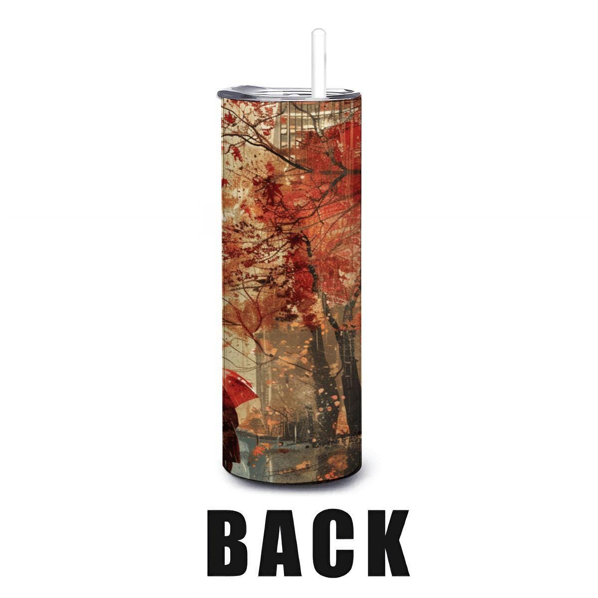 Autumn Cityscape Stainless Steel Tumbler | Red Umbrella Art