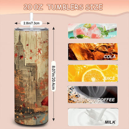 Autumn Cityscape Stainless Steel Tumbler | Red Umbrella Art