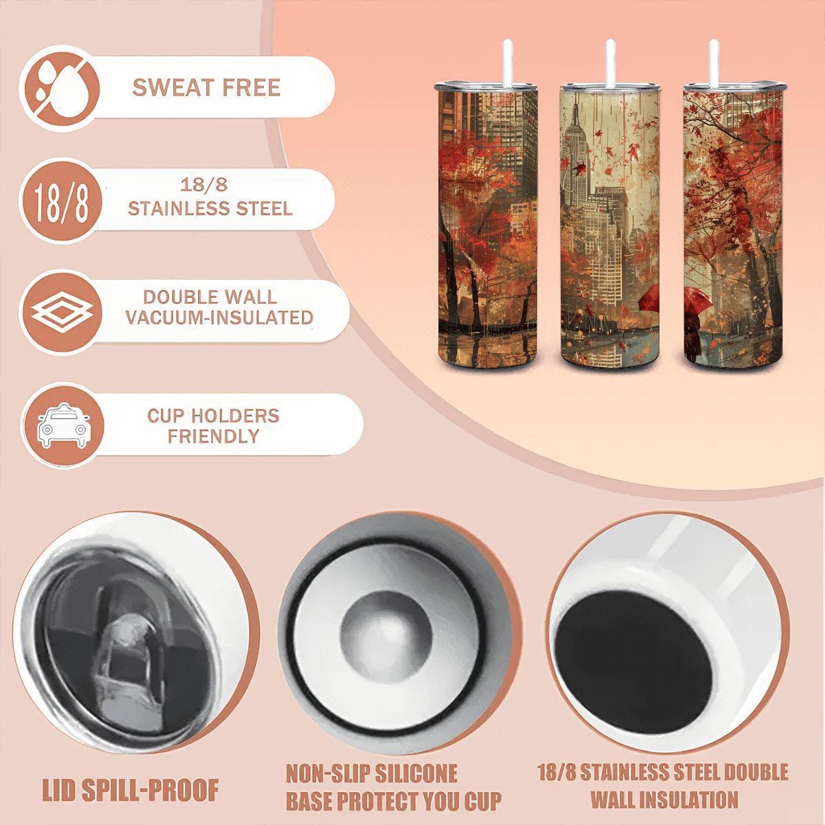 Autumn Cityscape Stainless Steel Tumbler | Red Umbrella Art