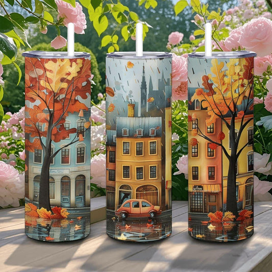 Autumn Cityscape Tumbler | Fall Leaves Stainless Steel Travel Cup