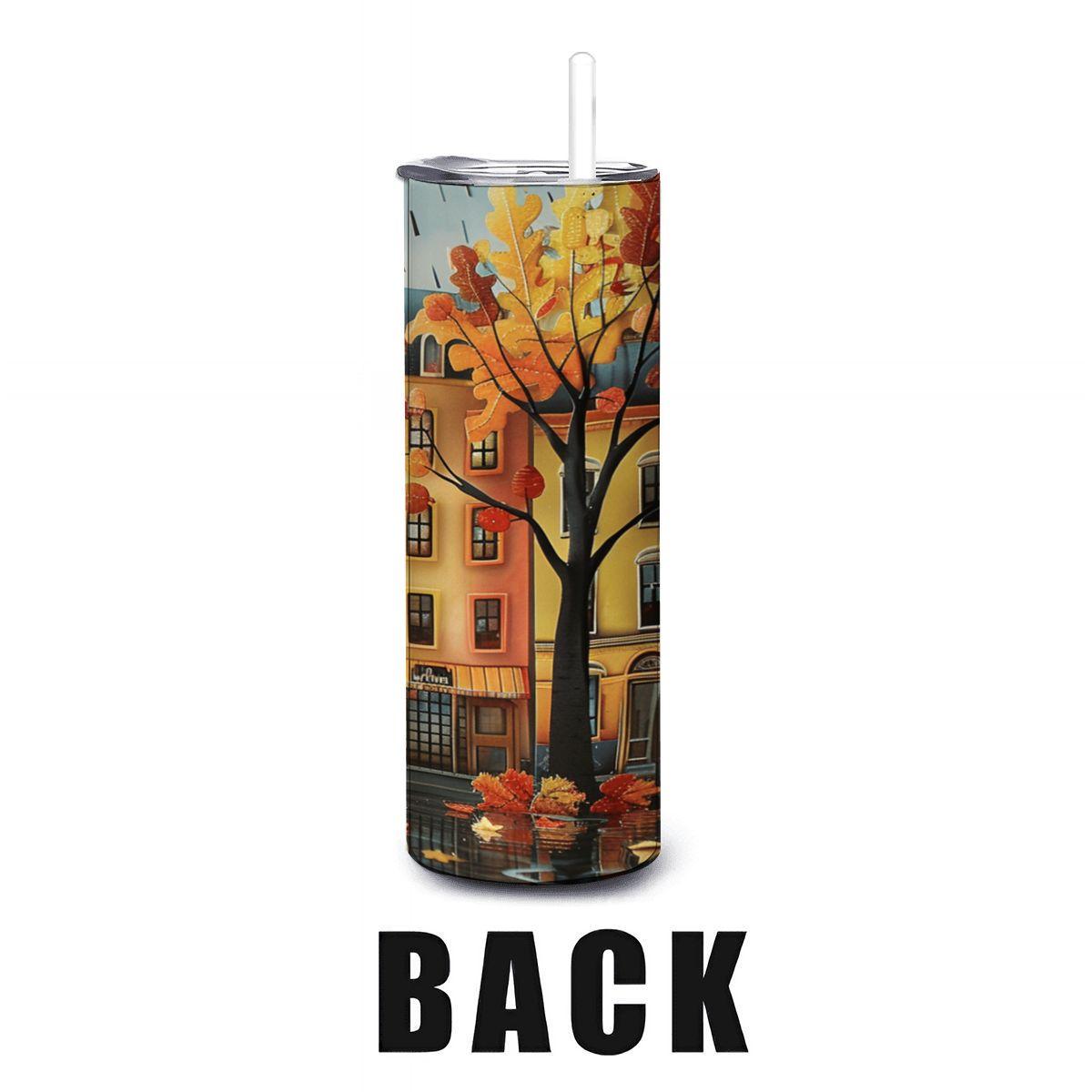 Autumn Cityscape Tumbler | Fall Leaves Stainless Steel Travel Cup