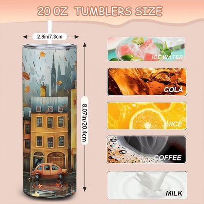 Autumn Cityscape Tumbler | Fall Leaves Stainless Steel Travel Cup