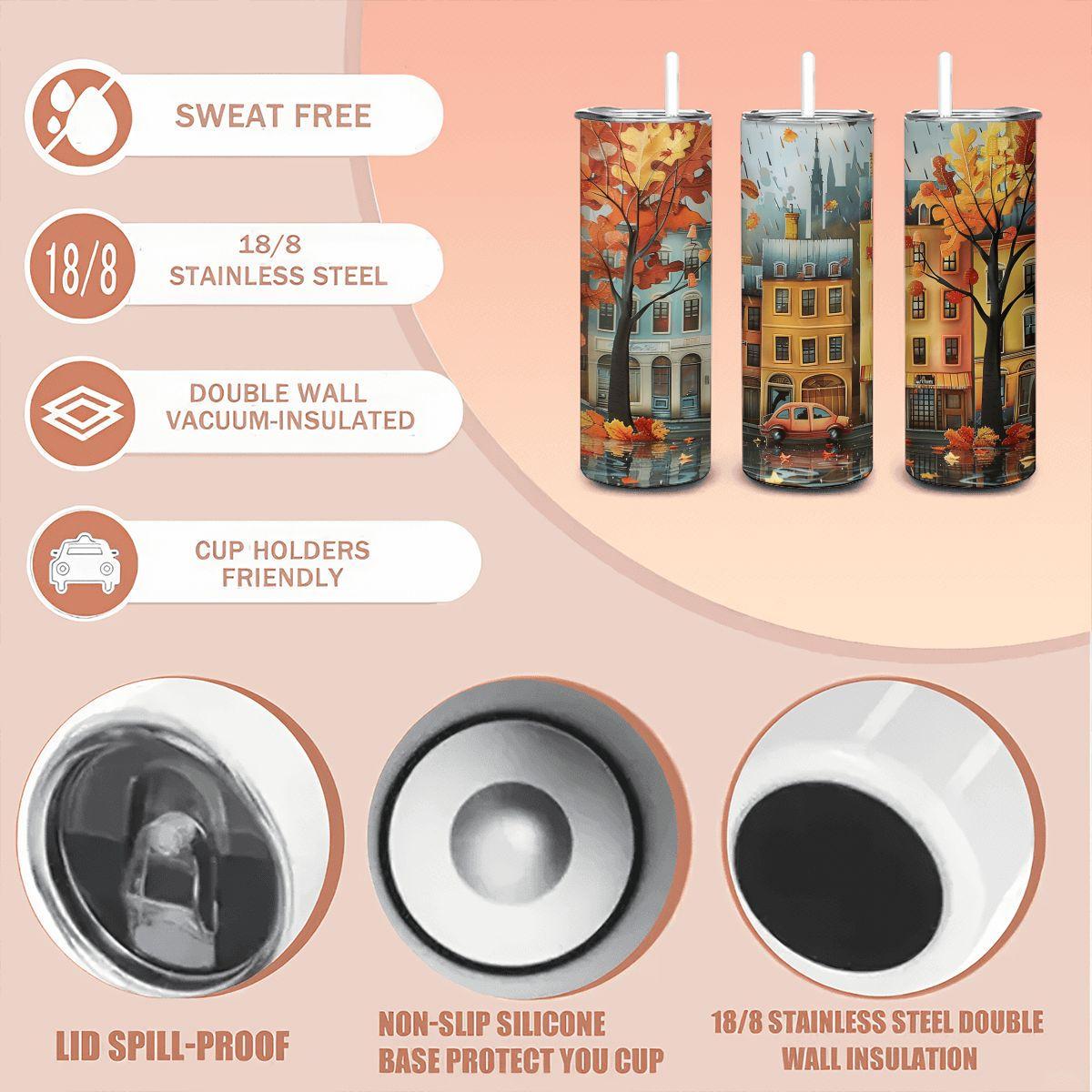 Autumn Cityscape Tumbler | Fall Leaves Stainless Steel Travel Cup