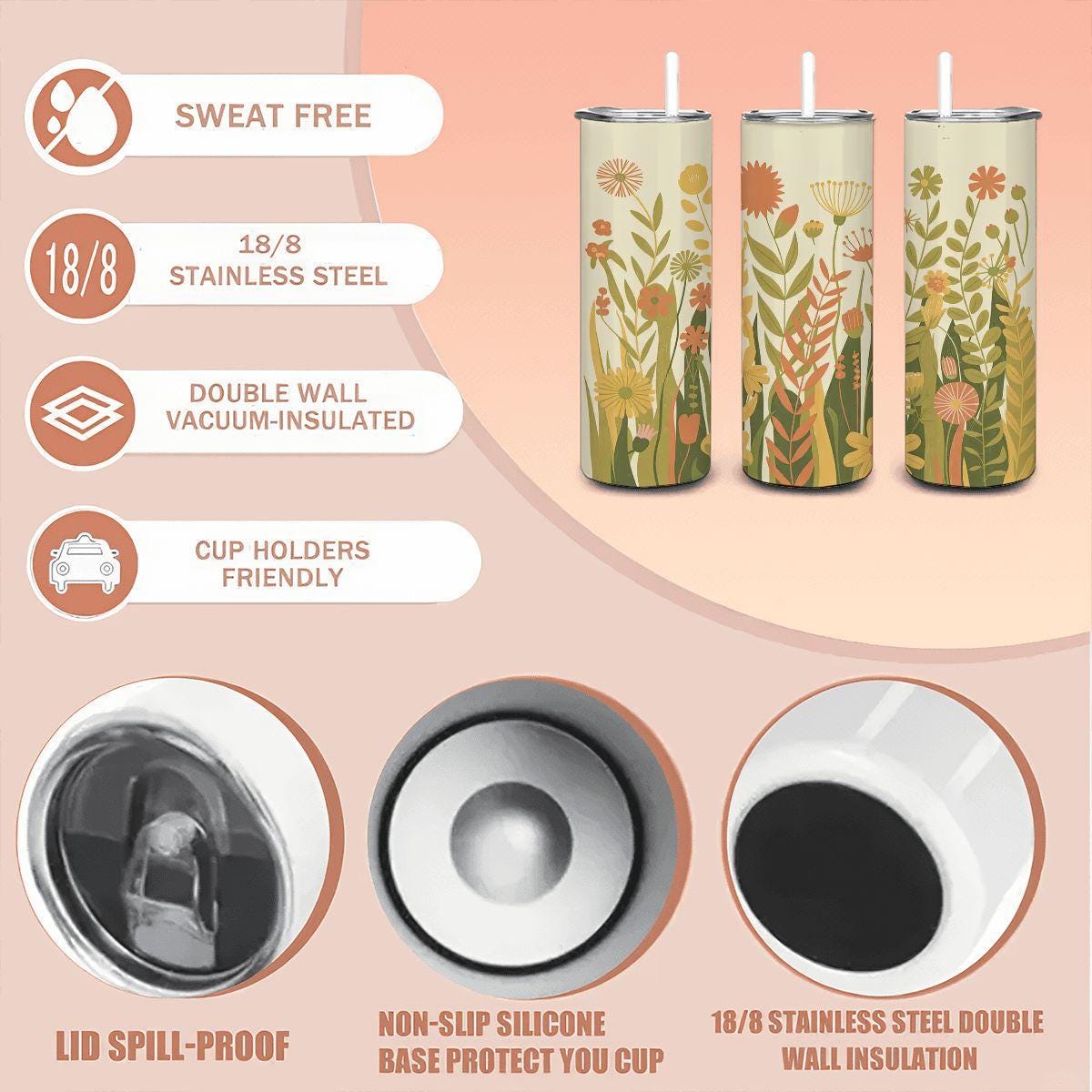Boho Floral Meadow Tumbler | Stainless Steel Travel Cup with Straw