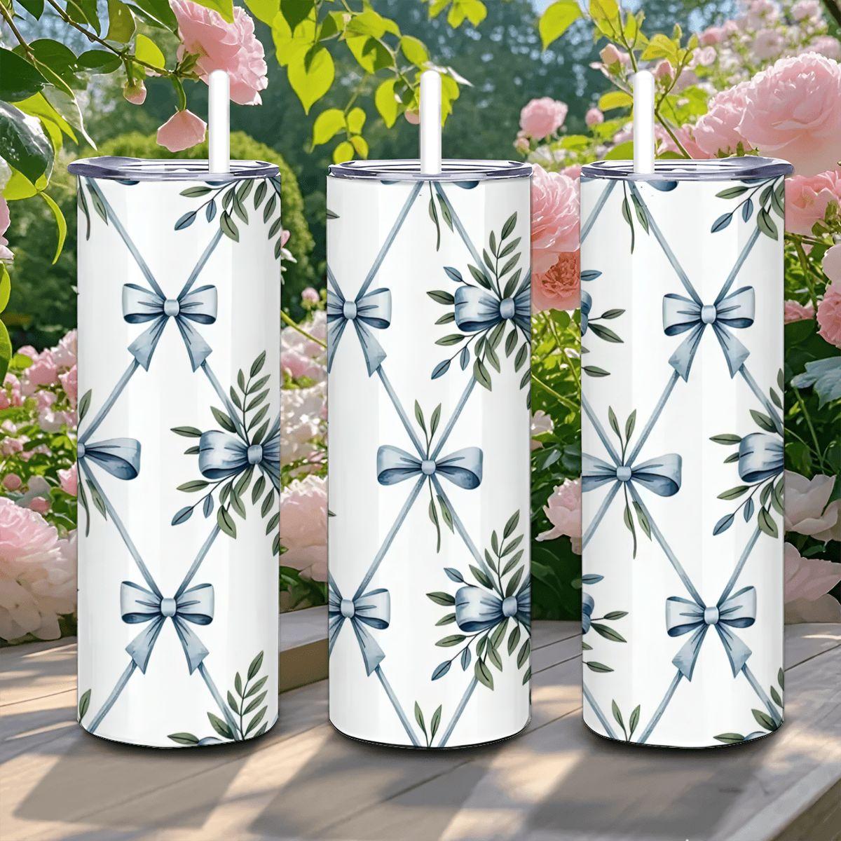 ColorFlow | Blue Ribbon Botanical Tumbler | 20oz Stainless Steel Coffee Travel Cup with Straw Elegant Gift