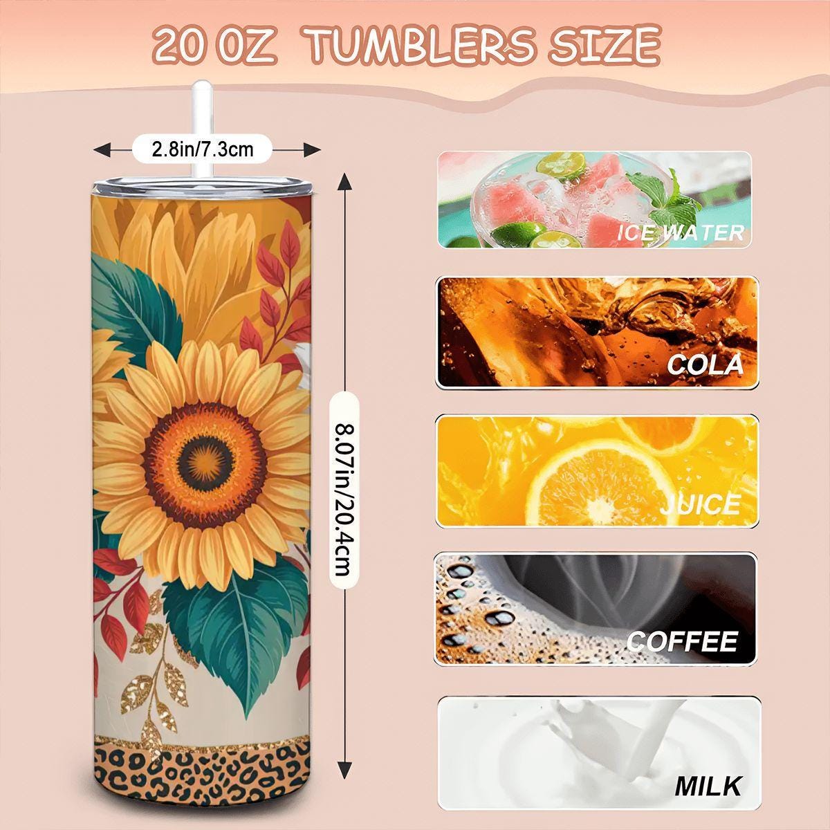 Sunflower Leopard Print Tumbler | 20oz Stainless Steel Travel Cup
