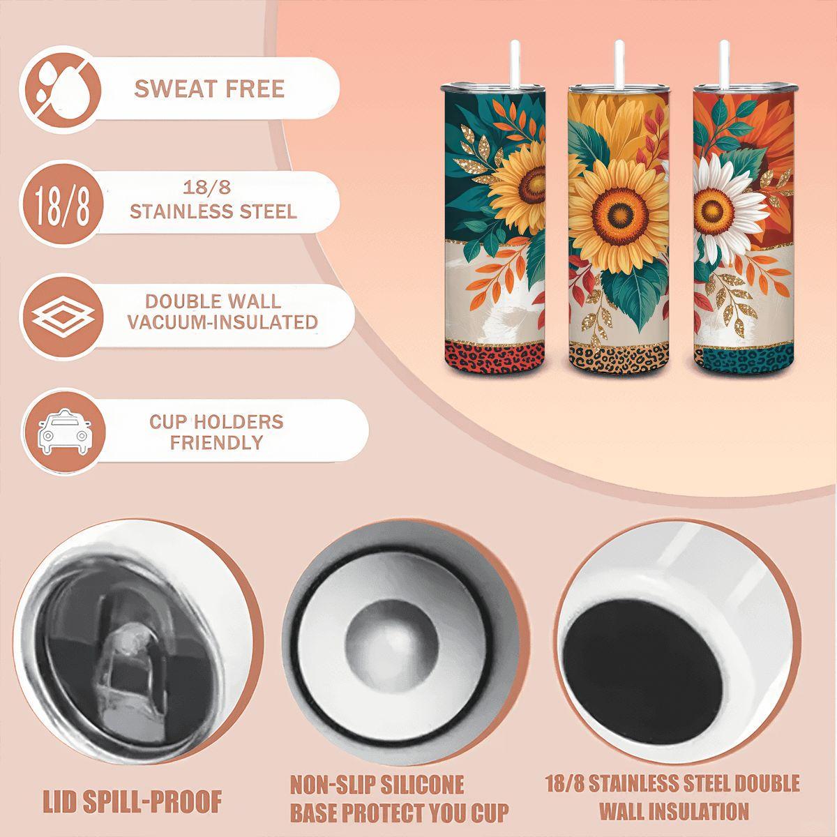 Sunflower Leopard Print Tumbler | 20oz Stainless Steel Travel Cup