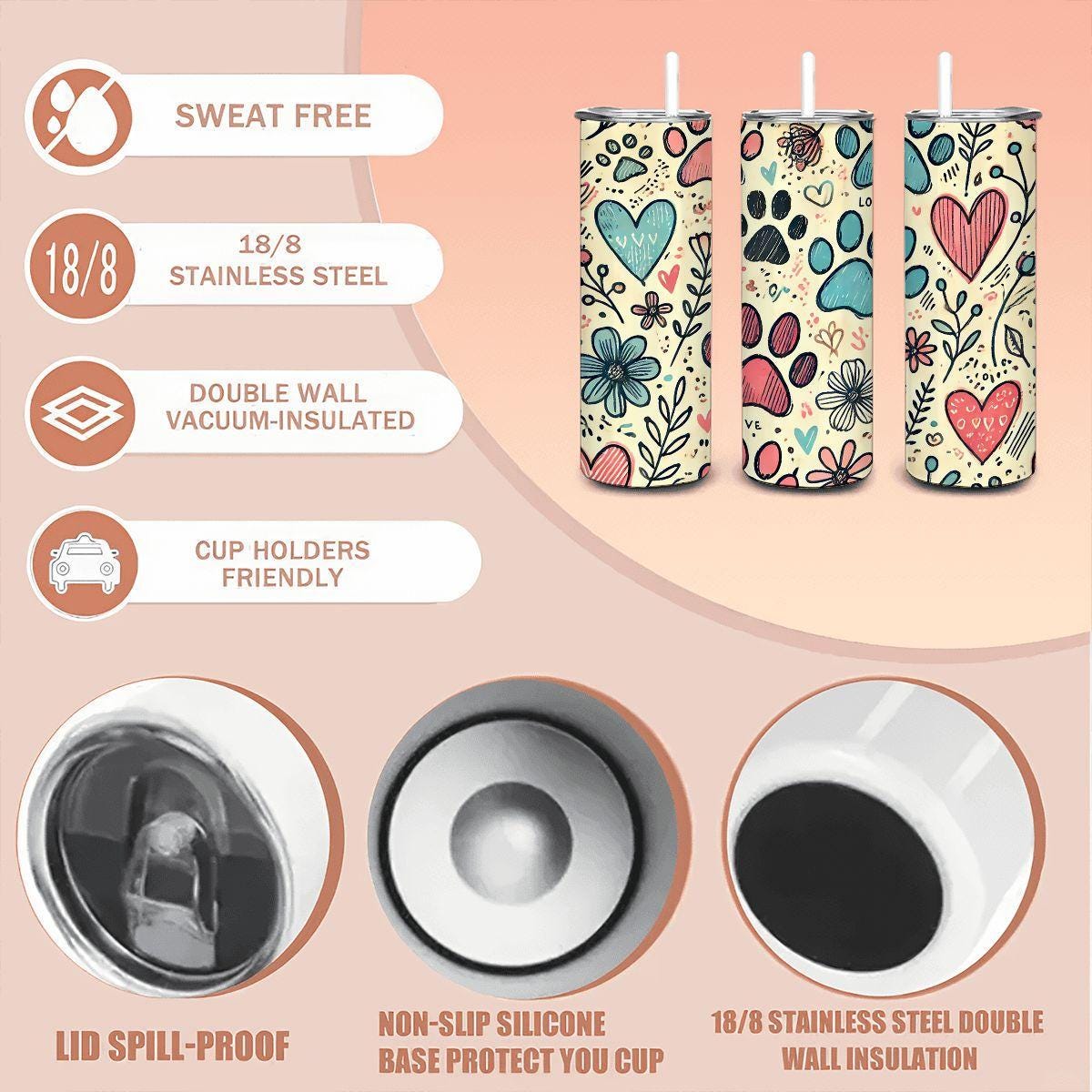 ColorFlow | Paw Love & Hearts Tumbler | 20oz Stainless Steel Coffee Travel Cup with Straw Pet Lover Gift