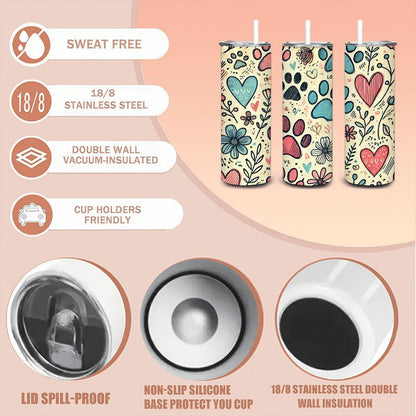 ColorFlow | Paw Love & Hearts Tumbler | 20oz Stainless Steel Coffee Travel Cup with Straw Pet Lover Gift