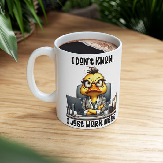 ColorFlow | Funny Office Duck Mug | I Dont Know I Just Work Here | 15 oz Coffee Cup for Coworkers and Office Humor Gift
