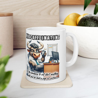 ColorFlow | Funny Coffee Mug Procaffeinating Bull Office Humor Cup | 15 oz Coffee Lover Gift for Coworkers and Friends