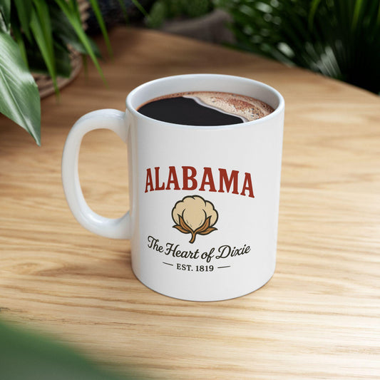 ColorFlow | Alabama Heart of Dixie Mug | Southern Pride Coffee Cup | Vintage Cotton Design | 15oz Ceramic Gift
