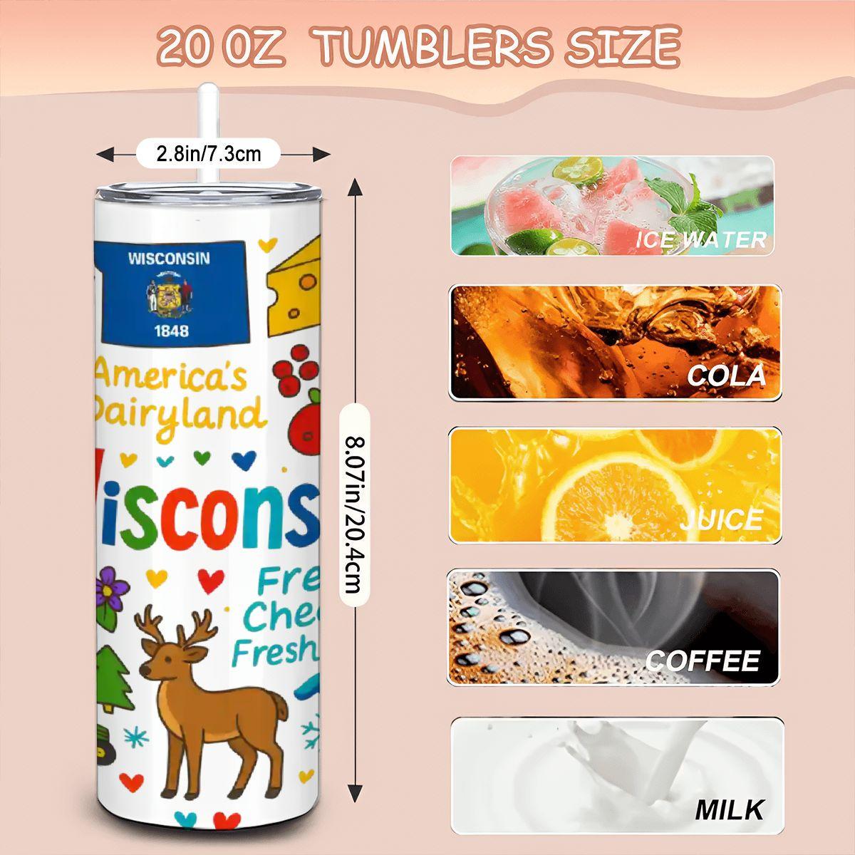 ColorFlow | Wisconsin Dairyland Tumbler | Midwest Pride Stainless Travel Cup with Straw | Cheese Lovers Gift