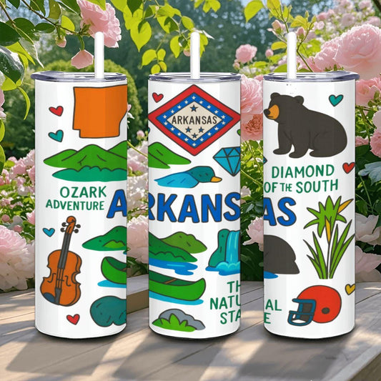 ColorFlow | Arkansas Adventure Tumbler | The Natural State Stainless Steel Cup | 20oz Insulated Travel Mug with Straw